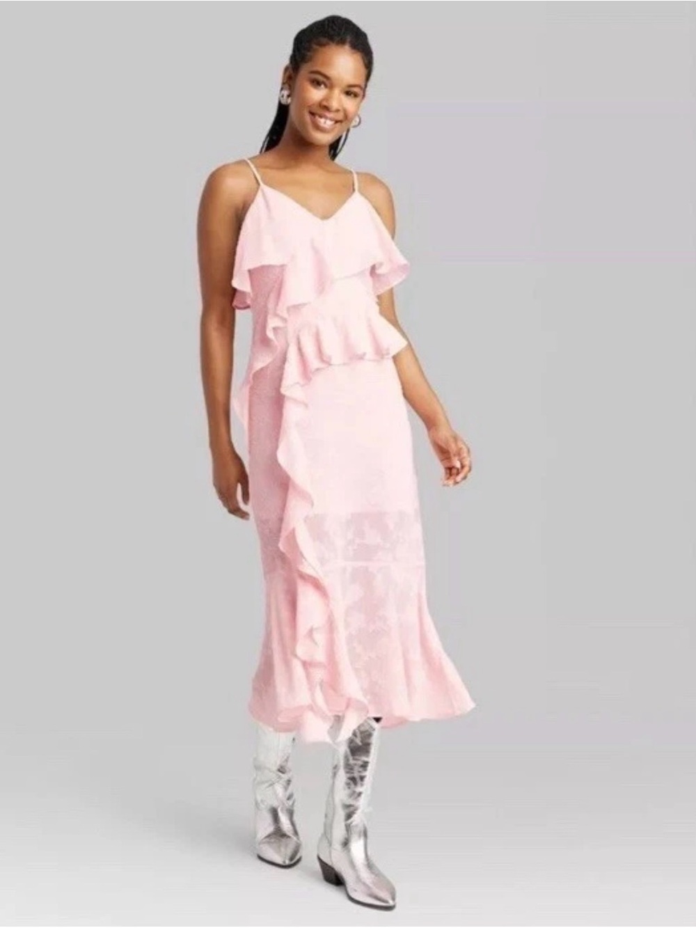 WILD FABLE TIERD RUFFLE V- NECK MIDI DRESS